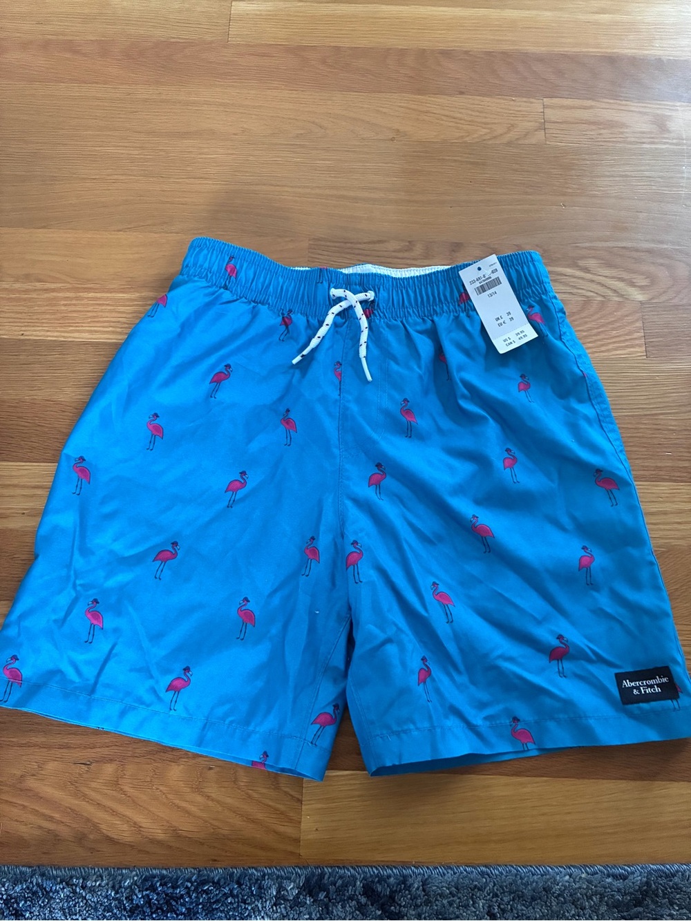 abercrombie kids Blue Swim Trunks with Pink Flamingo Print